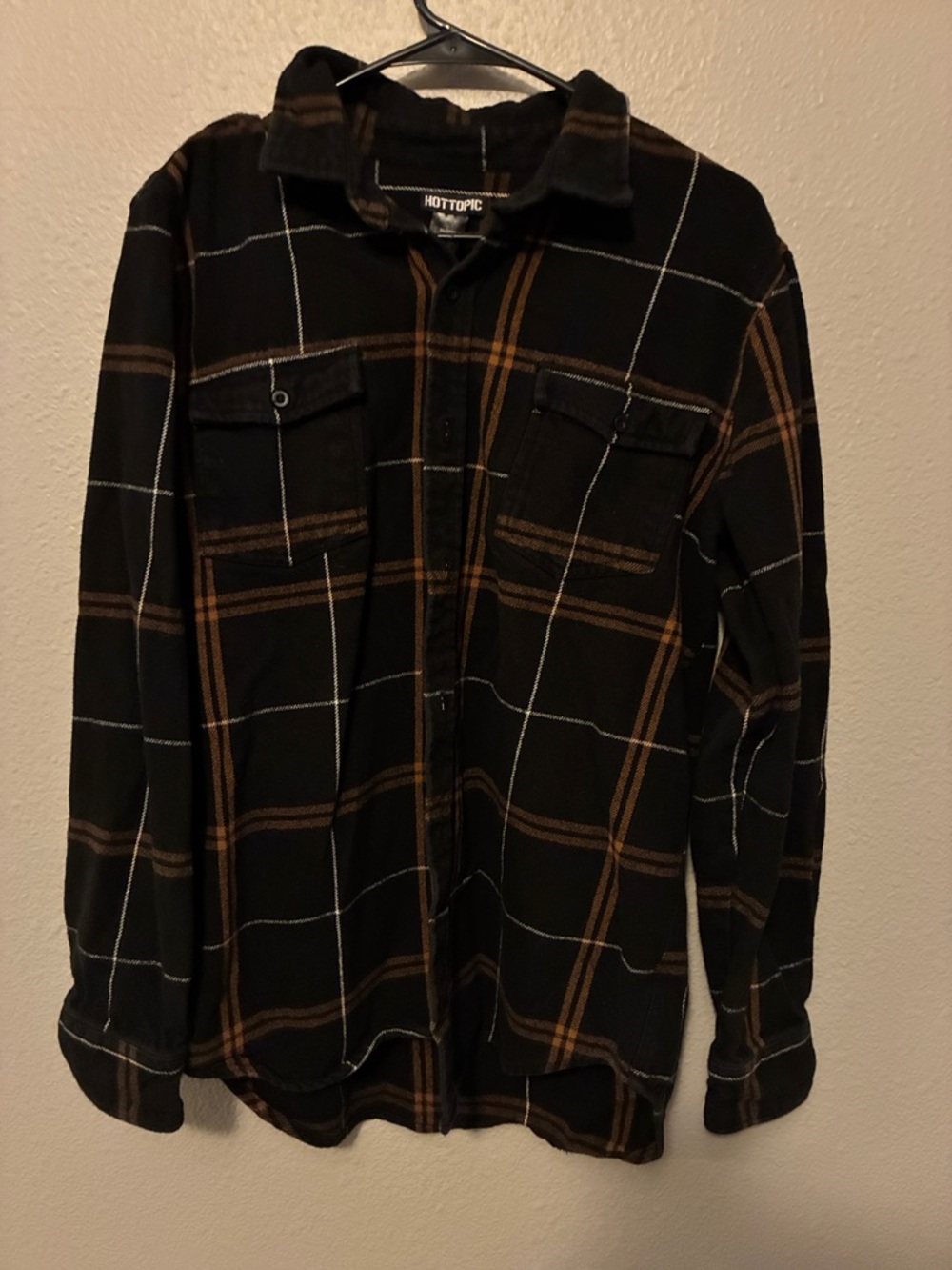 Hot Topic Black Plaid Shirt with Brown and White Windowpane